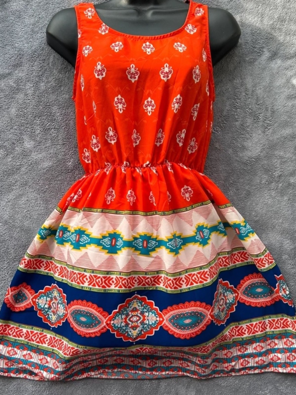 Pink Owl Sleeveless Elastic Waist Multicolor Aztec Boho Fun Short Dress Sz. S - Picture 2 of 6